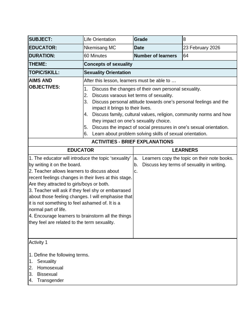 Sexuality Lesson Plan Week 5 | PDF | Sexual Orientation | Gender Studies