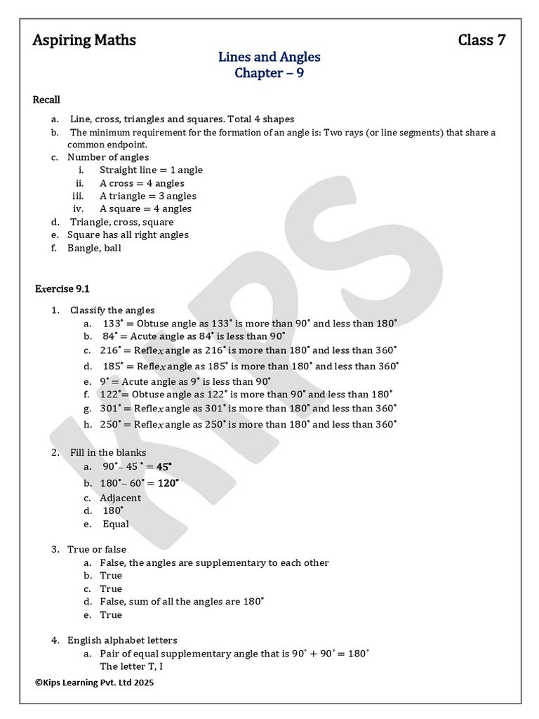 Aspiring Maths - Class 7 - CH 9 - Lines and Angles | PDF | Angle ...