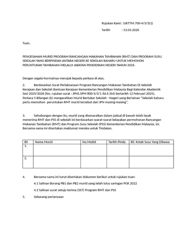 Surat Murid RMT Keluar Sekolah | PDF