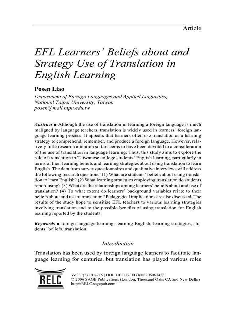 EFL Learners Beliefs About and Strategy | PDF | Second Language ...