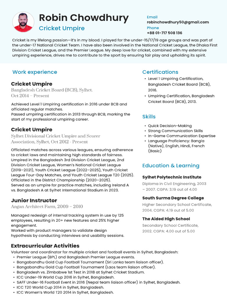 Robin Da Resume 2025-2--BCB (1) | PDF | Cricket | Athletic Sports