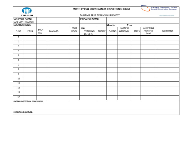 Monthly Full Body Harness Checklist Pp12 | PDF