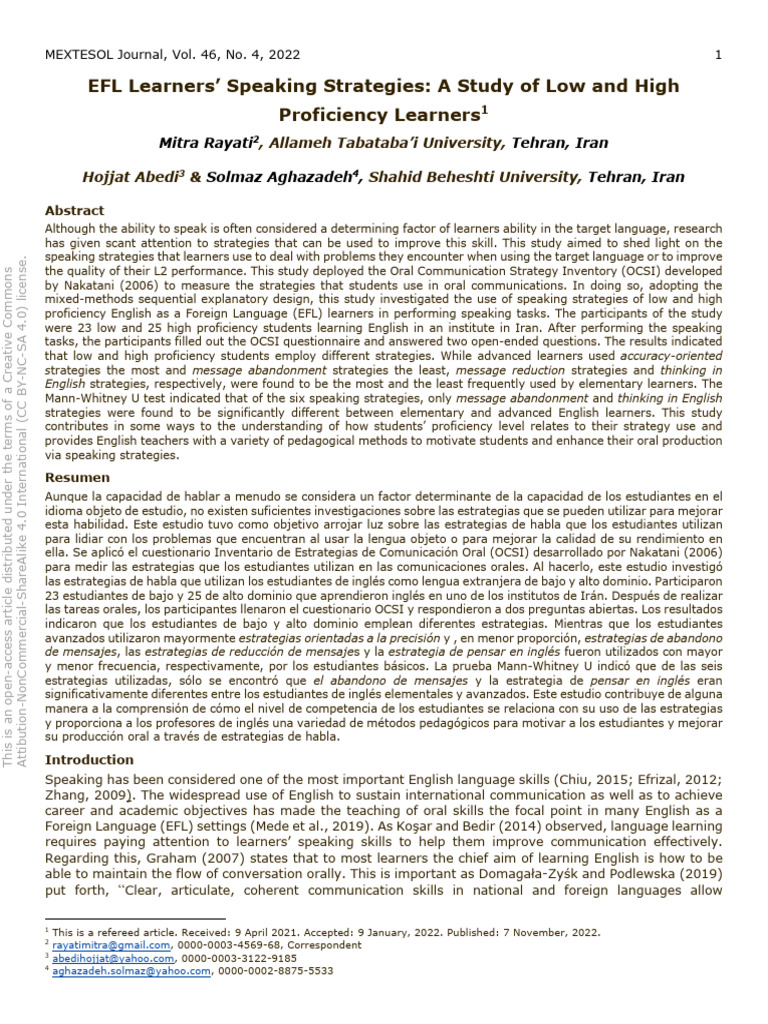 EFL Learners Speaking Strategies a Study of Low and High Profiency ...