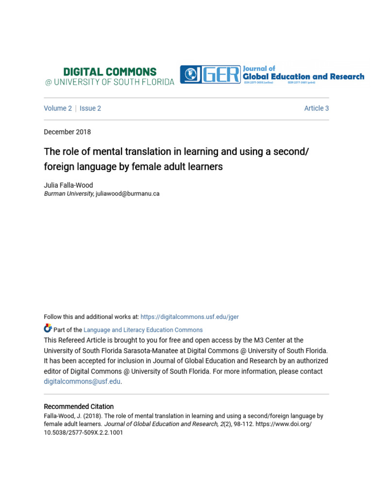 The Role of Mental Translation in Learning and Using a Second, Foreign ...