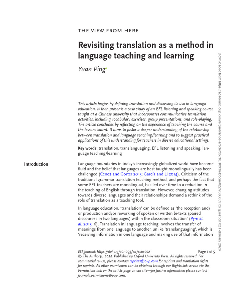 Revisiting Translation As A Method in Language Teaching and Learning ...