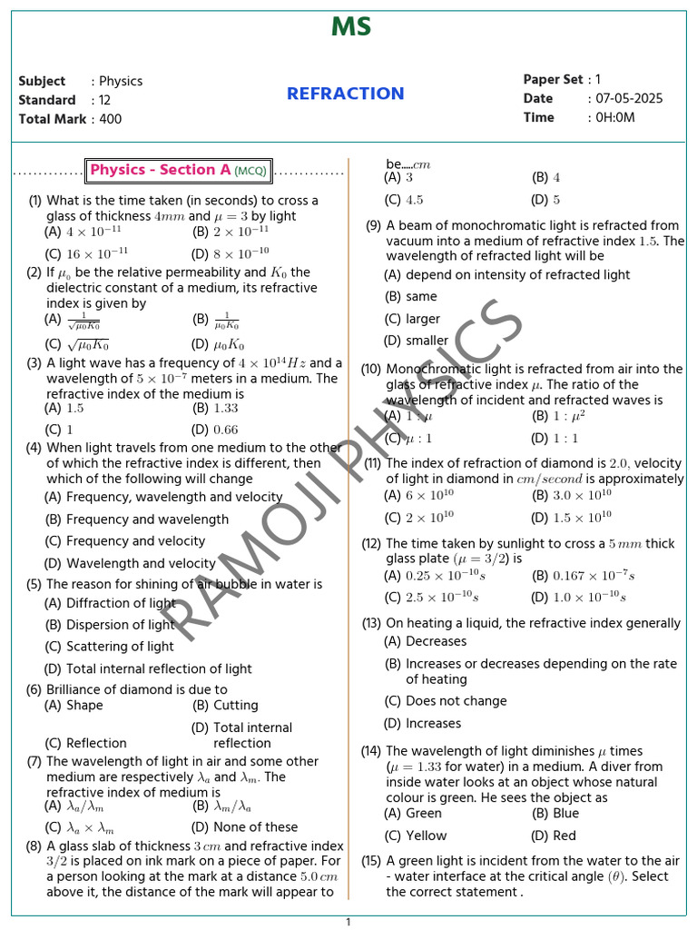 Refraction Problems Assignment | PDF | Refraction | Wavelength