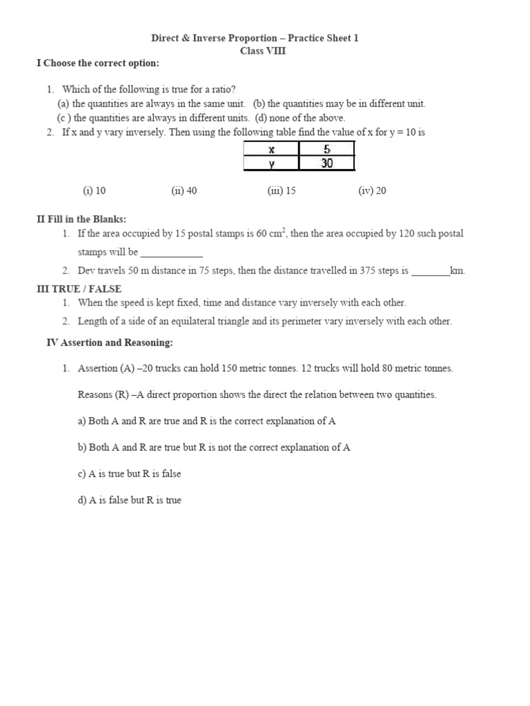 8 Direct and Inverse Proportion - Practice Sheet 1 | PDF | Area
