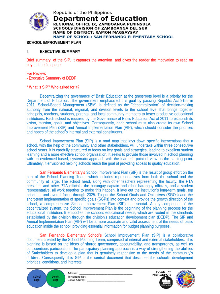 Department of Education: School Improvement Plan I. Executive Summary ...
