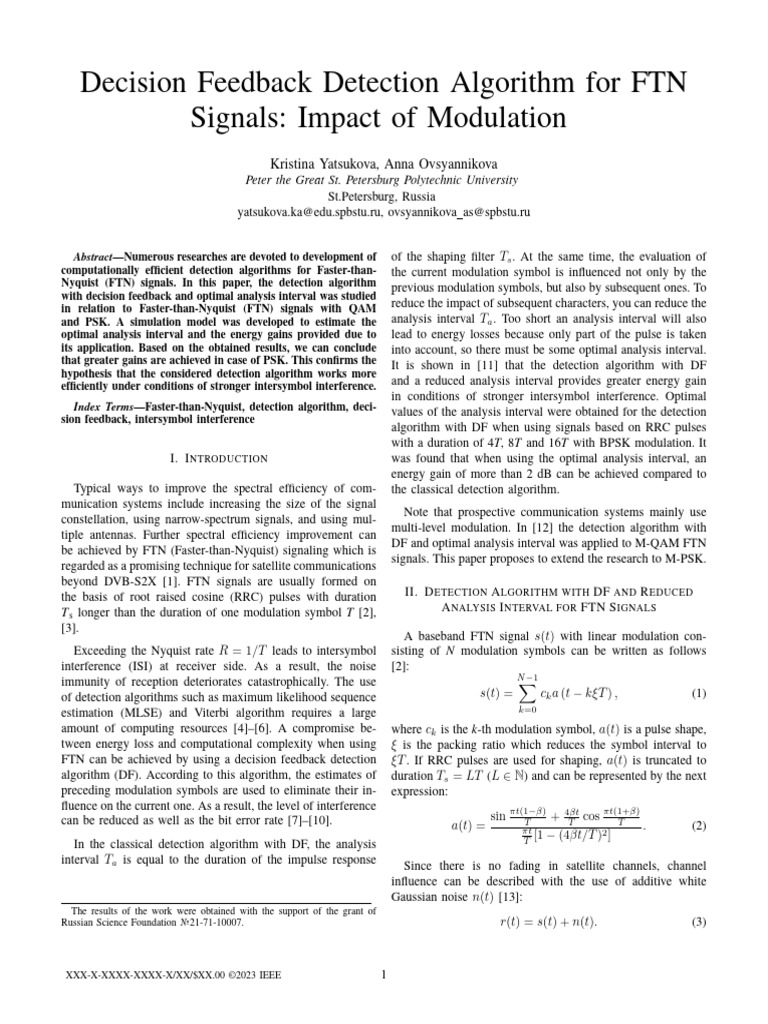 Decision Feedback Detection Algorithm For FTN Signals: Impact of ...
