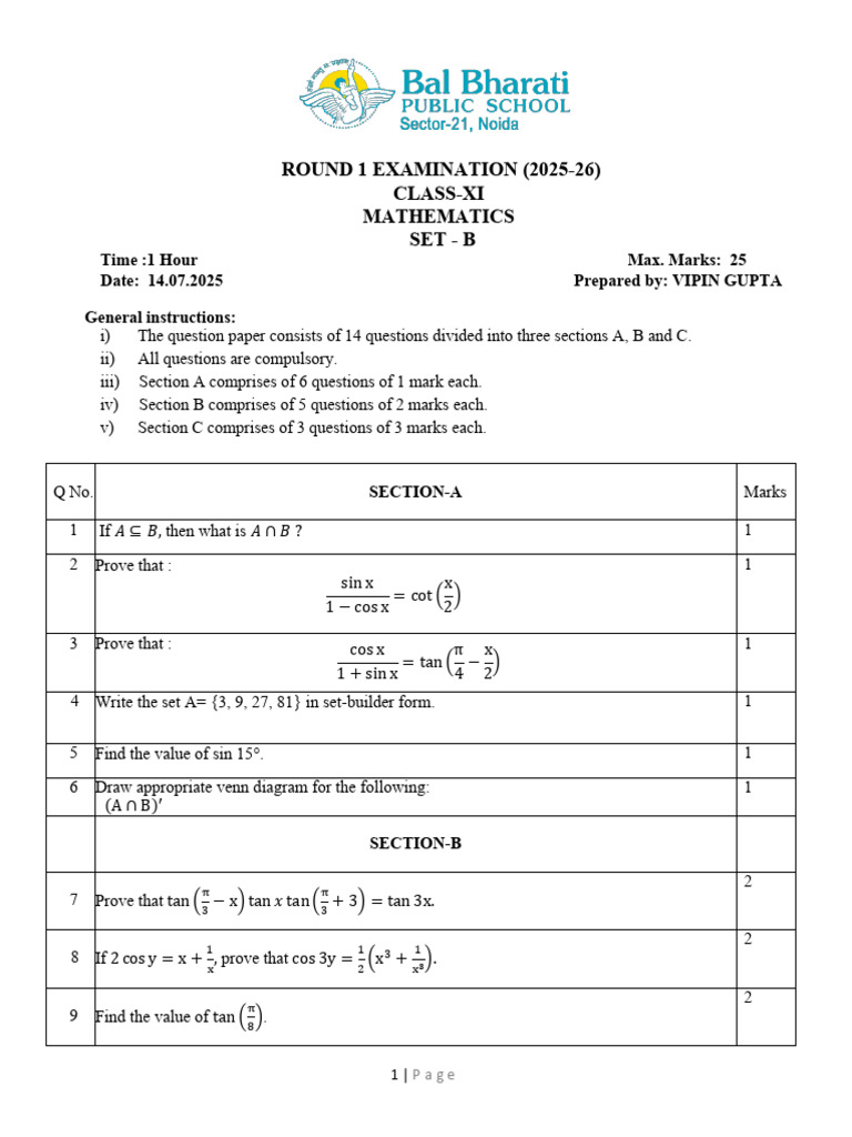 Round 1 Exam Maths SET B | PDF | Mathematics