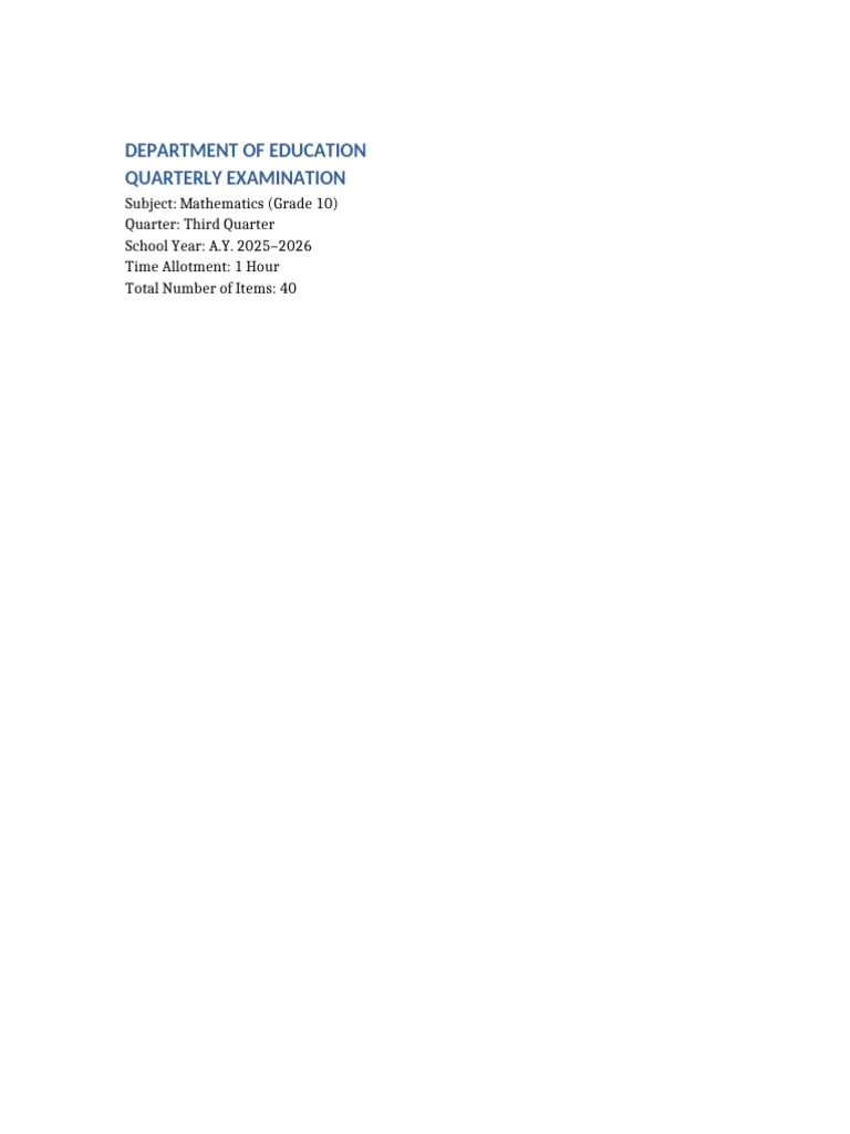 Grade 10 Math Q3 Complete Quarterly Exam TOS Key | PDF | Mathematics