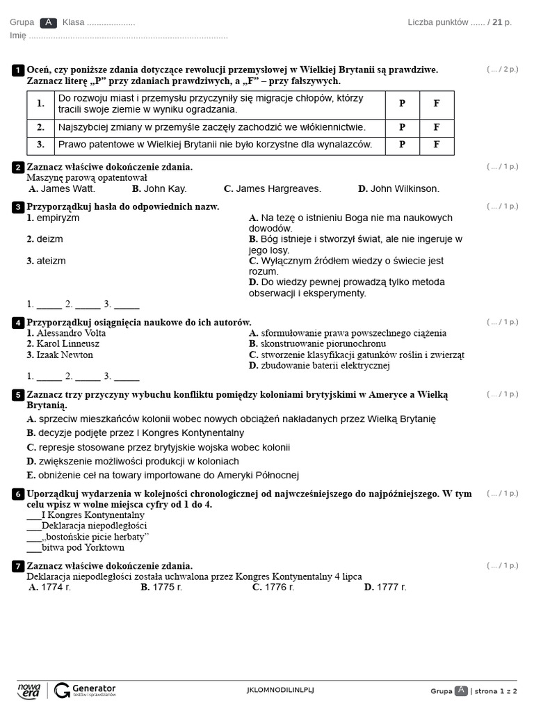 Rozdział V. Test 1 Test (Z Widoczną Punktacją) | PDF