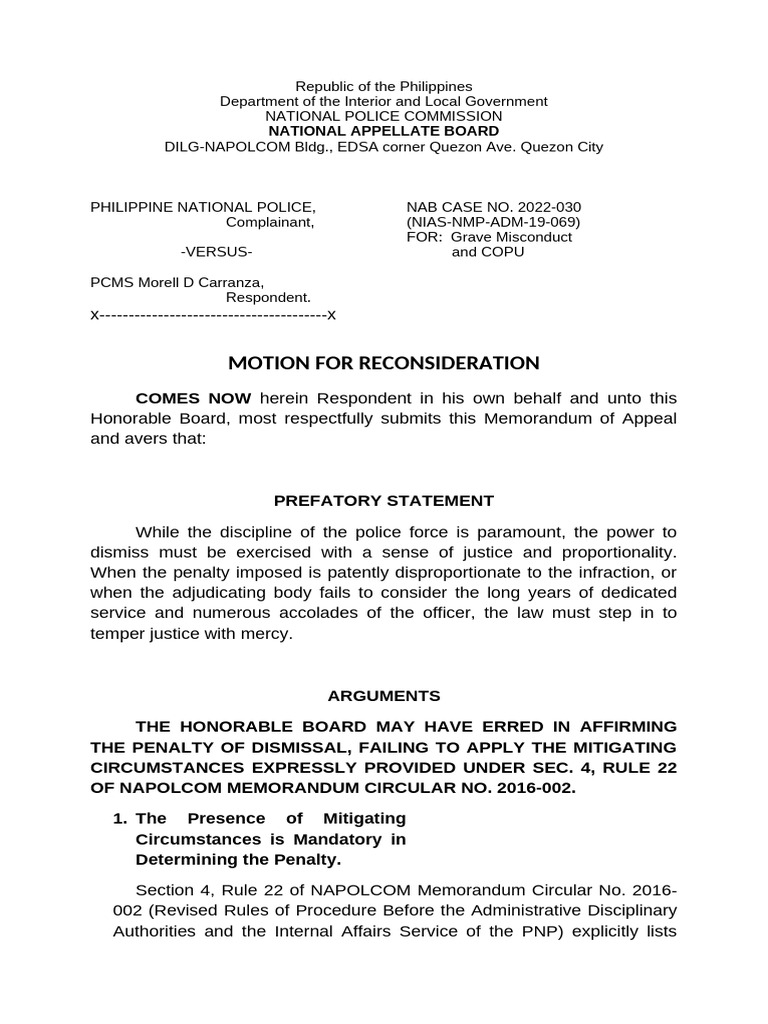 Motion for Reconsideration PEMS Carranza | PDF | Government | Public Law
