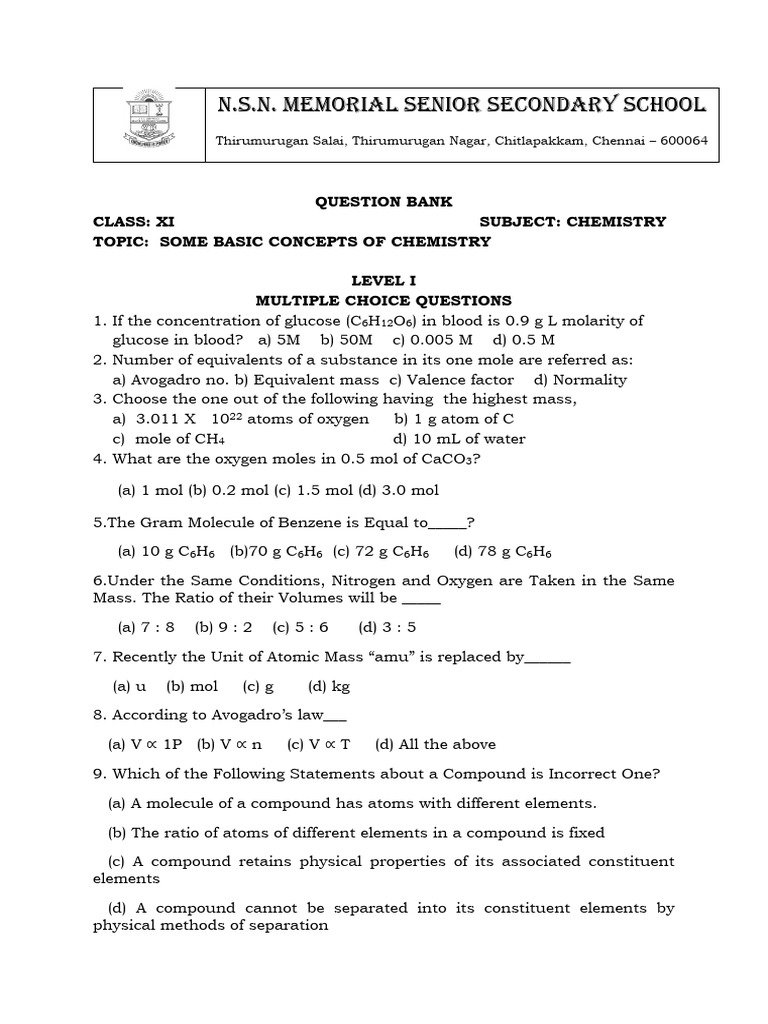 Some Basic Concepts of Chemistry QB Class XI | PDF | Mole (Unit ...