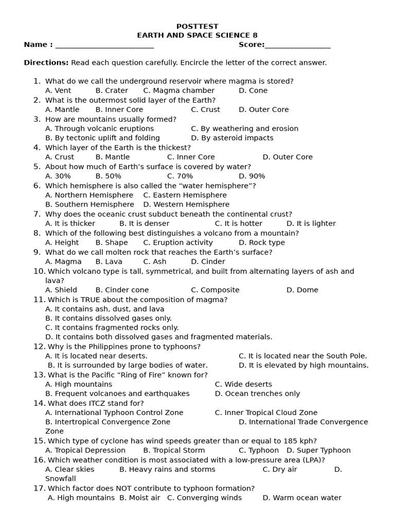 Science Posttest | PDF | Tropical Cyclones | Volcano