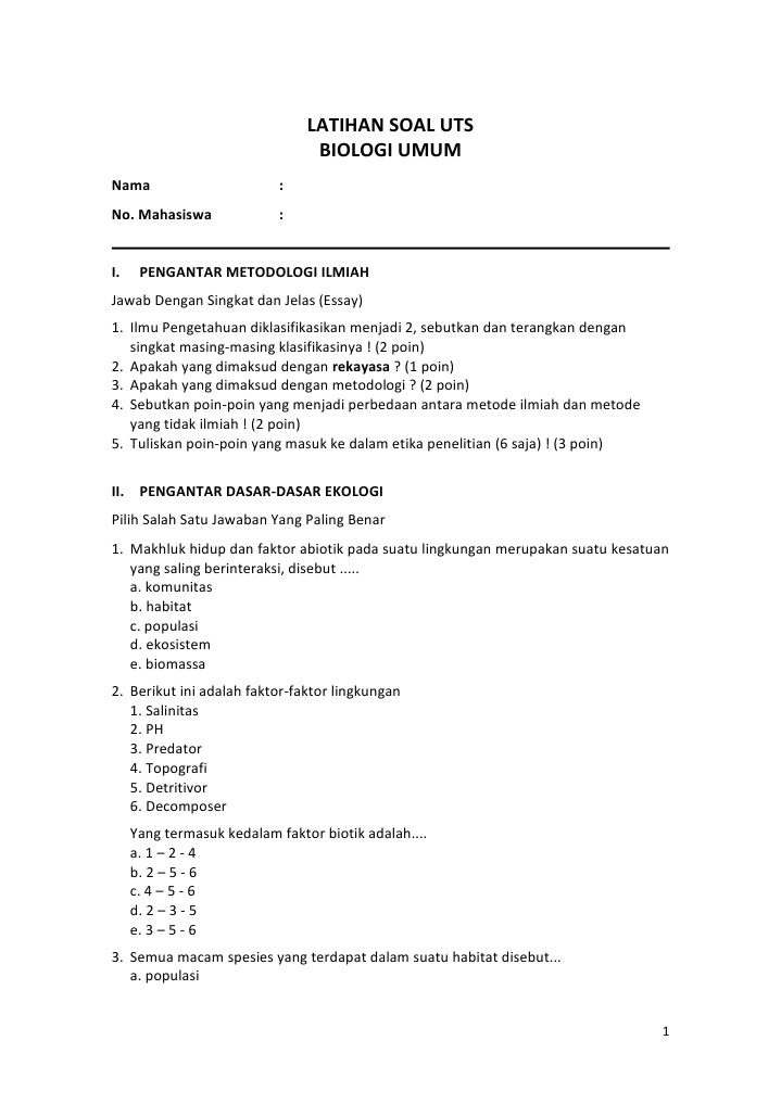Latihan Soal Uts Biologi Umum