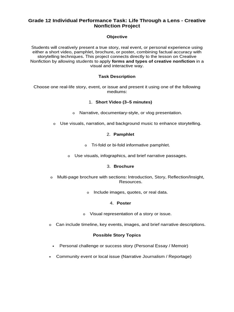 Creative Nonfiction Task | PDF | Narrative | Creative Nonfiction