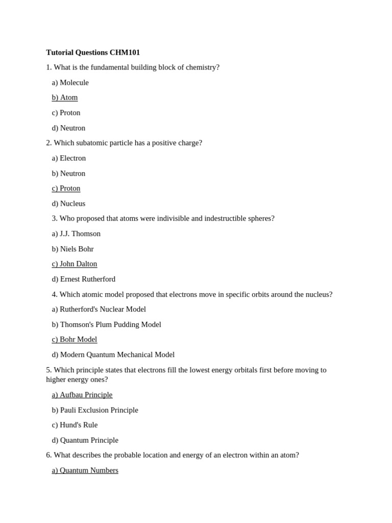 Tutorial Questions CHM101 | PDF | Chemical Bond | Atomic Orbital