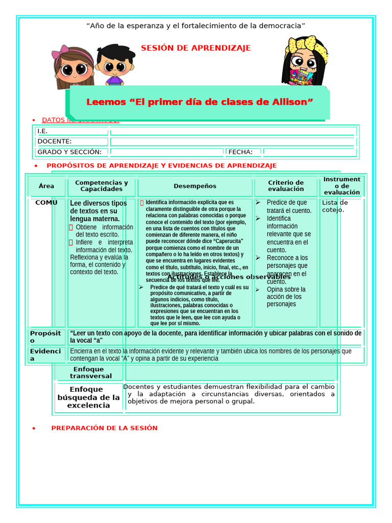 Sesión de Aprendizaje de Comunicación - El Primer Día de Clases de ...