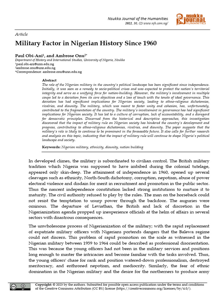 Obi Ani Onu 2022 Military Factor in Nigerian History Since 1960 | PDF