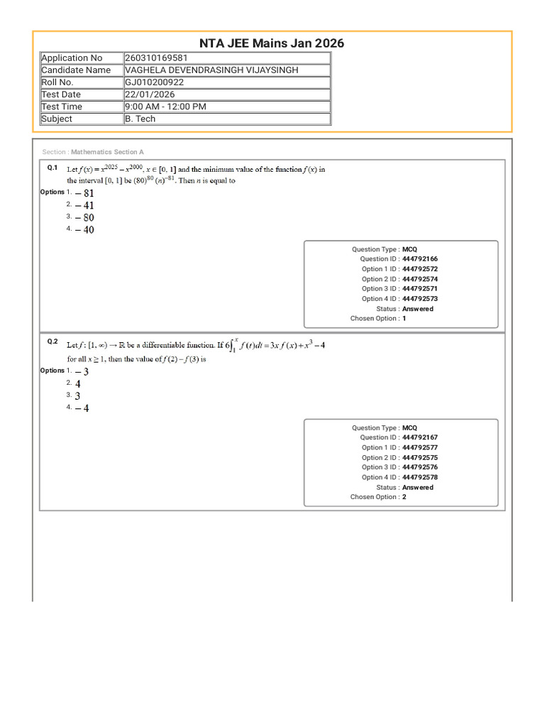 22 Jan Shift 1 JEE Mains 2026 | PDF | Multiple Choice | Standardized Tests