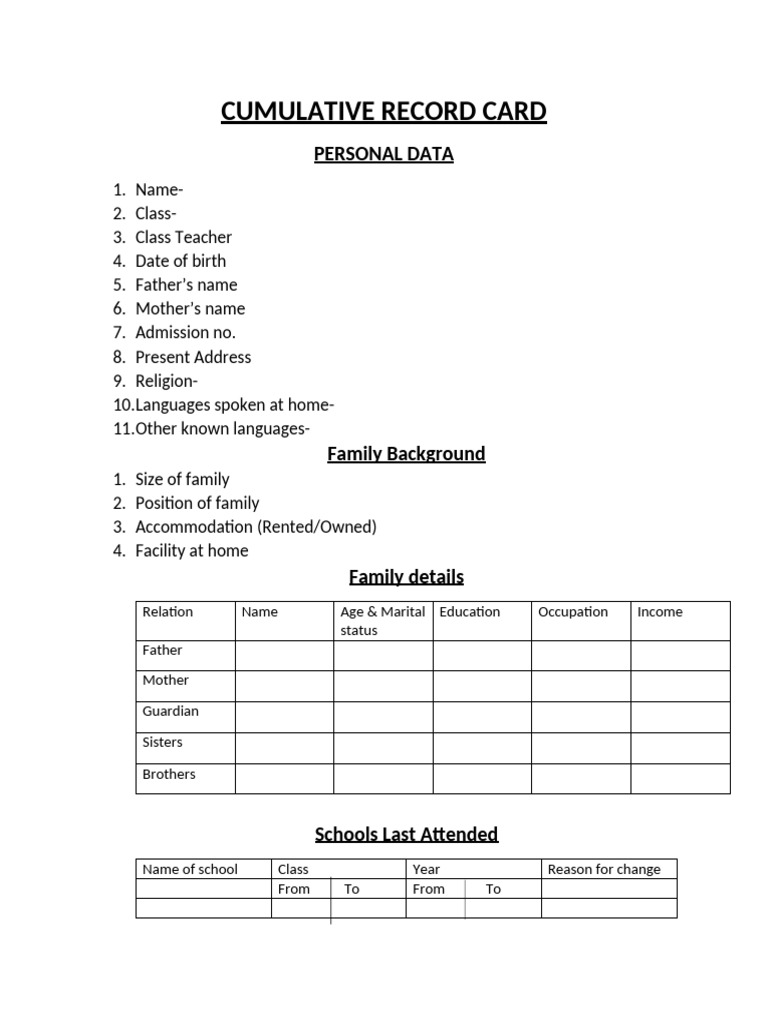 Cumulative Record and Checklist | PDF | Vocabulary | Attention