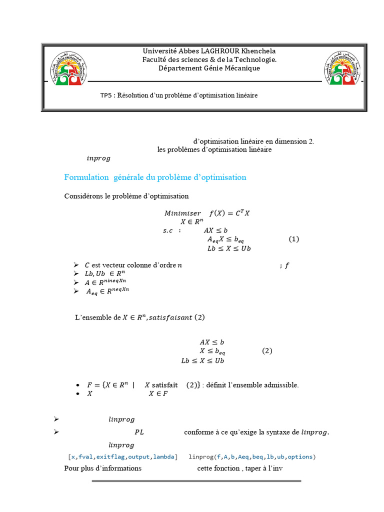 TP5 Résolution D'un Problème D'optimisation Linéaire Avec Contraintes ...