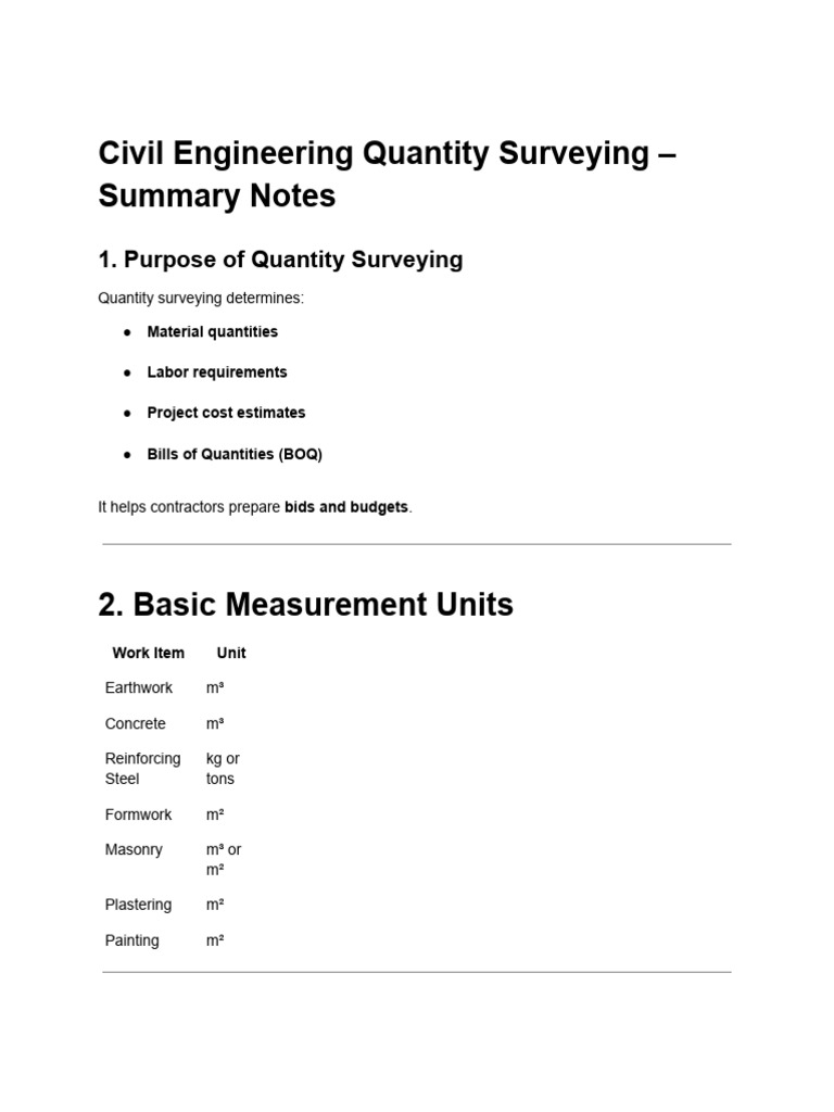 Civil Engineering Quantity Surveying - Summary Notes | PDF | Concrete ...