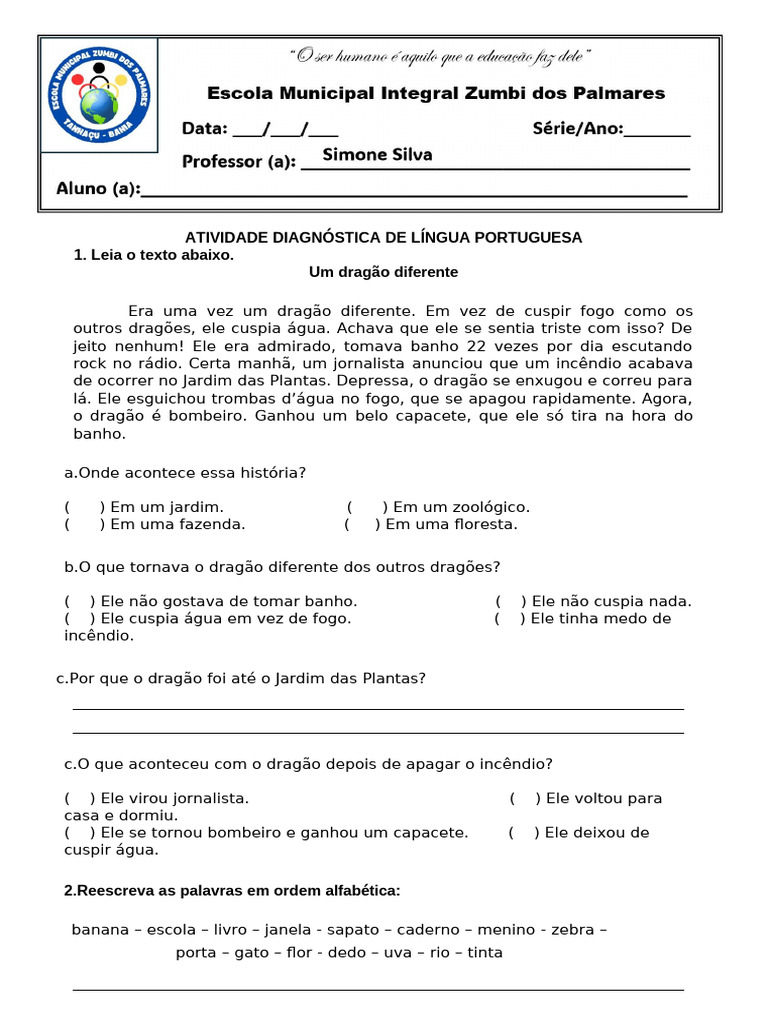 Avaliação Diagnóstica Língua Portuguesa 4º Ano - 2026 | PDF | Dragão ...