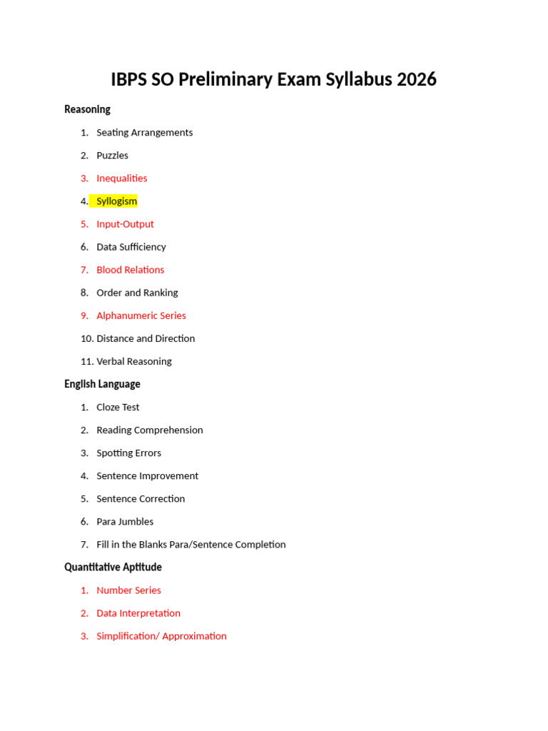 IBPS SO Preliminary Exam Syllabus 2026 | PDF