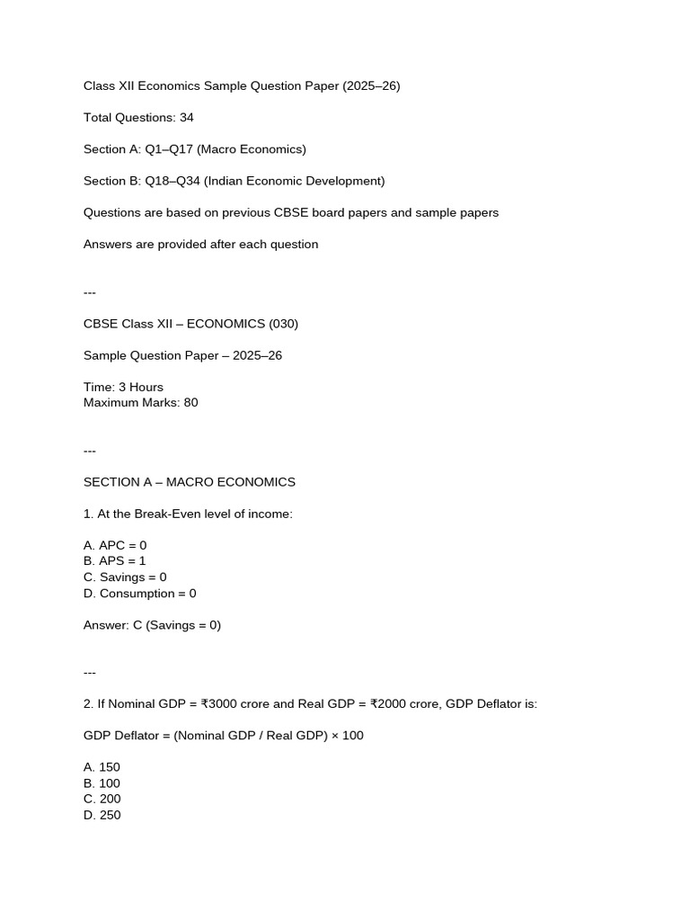 Economics Sample Question Paper 1 (2025-26) | PDF | Money Creation | Income