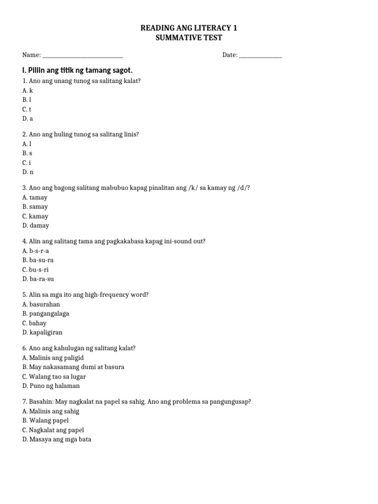 Reading & Literacy 1 - Summative Test - q3 - st2 | PDF