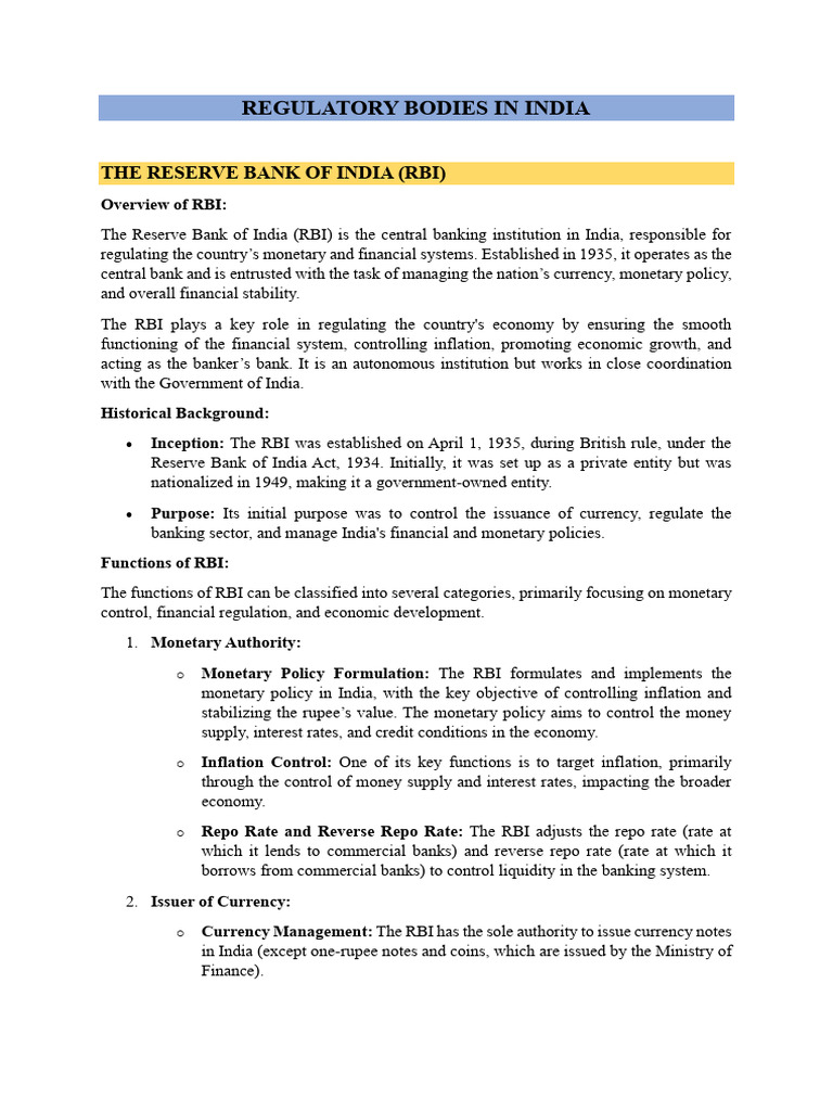 1.3 Regulatory Bodies in India | PDF | Reserve Bank Of India | Insurance