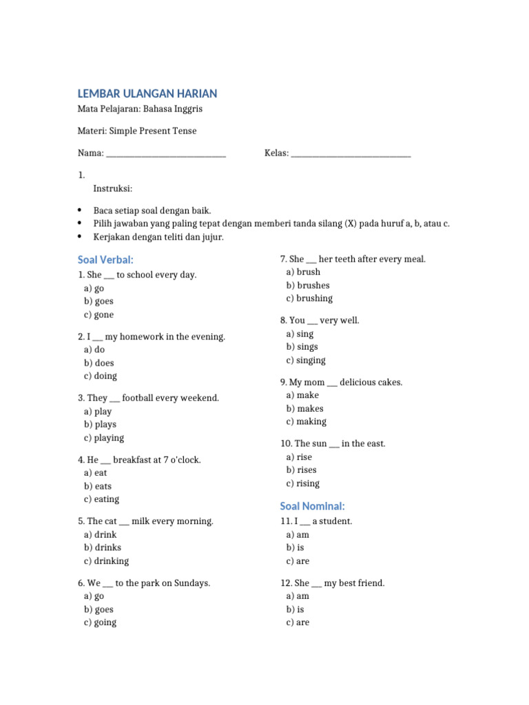 Simple Present Tense Lembar Ulangan | PDF | Chess Theory | Chess Openings