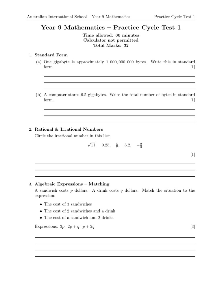 Year 9 Cycle Test 1 Practice Test! | PDF | Numbers | Mathematics