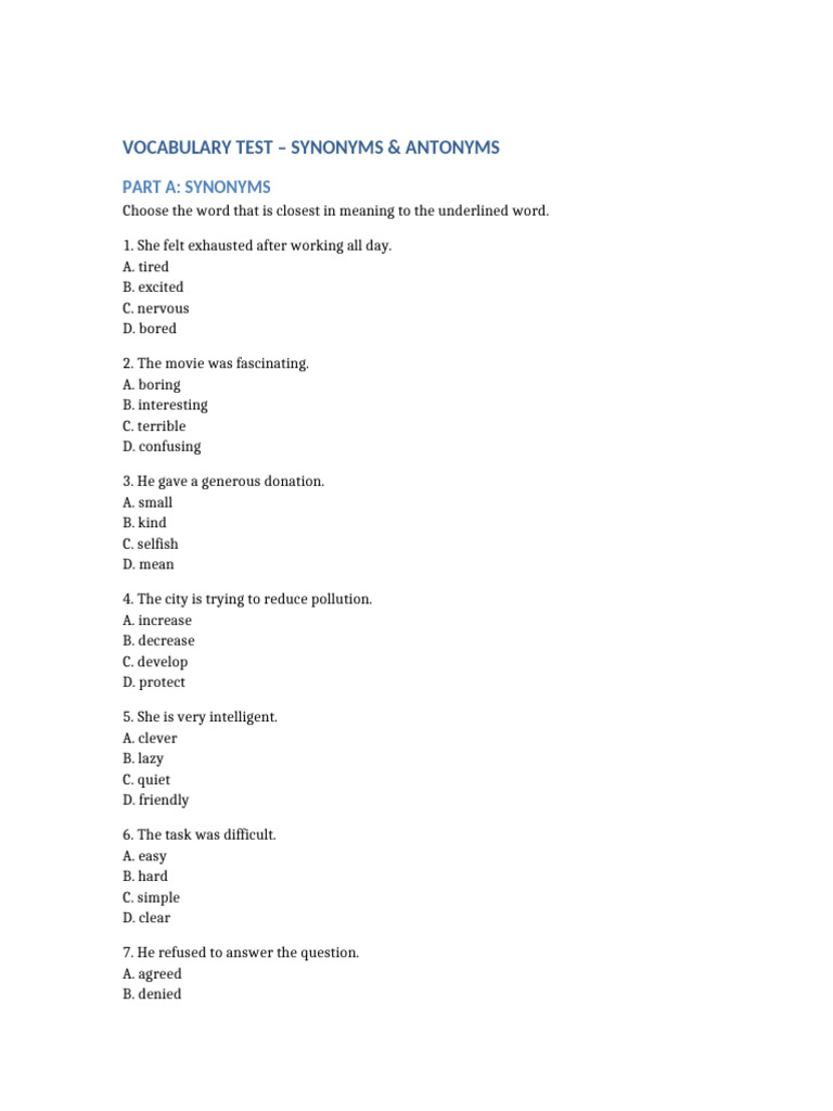 Vocabulary Test Synonyms Antonyms | PDF