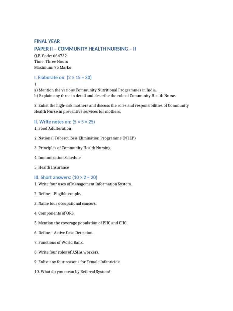 Community Health Nursing Question Paper | PDF