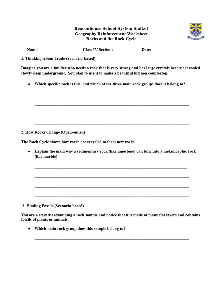 Geography (Rocks and Rock Cycle) Reinforcement Worksheet Unit 3.2 | PDF ...