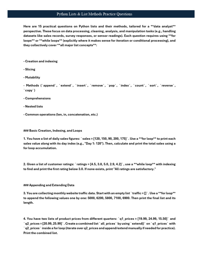 Here Are 15 Practical Questions On Python Lists and Their Methods | PDF ...
