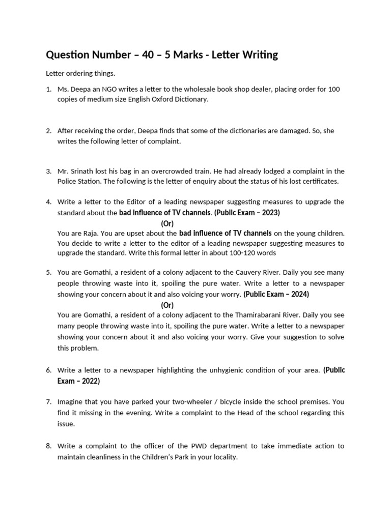 Letter Writing - Questions | PDF