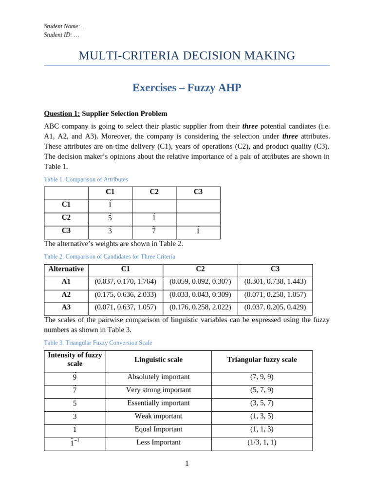 (MCDM) Fuzzy AHP Exercise | PDF | Applied Mathematics