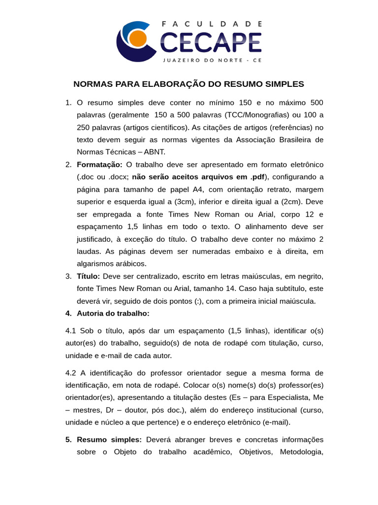 Normas para Elaboração Do Resumo Simples | PDF | Abstract (resumo)