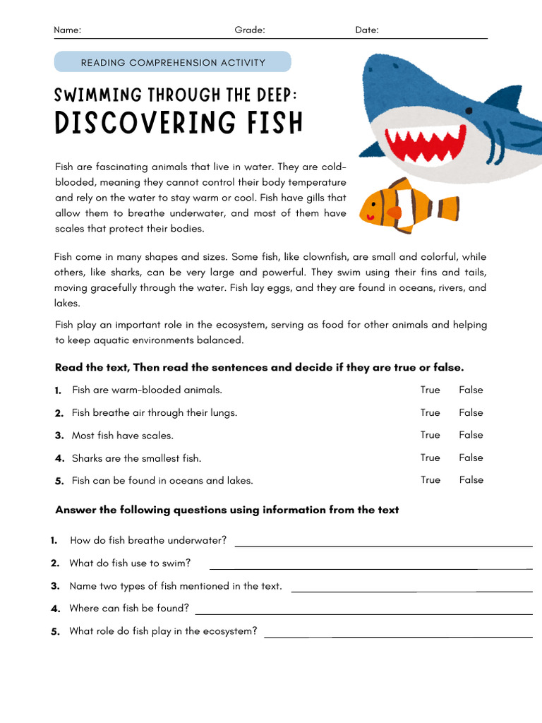 Fish Reading Comprehension Activity Worksheet in Colorful Simple Style ...