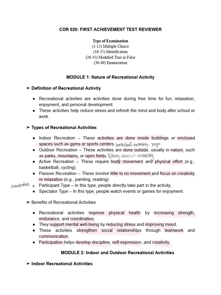 Cor 020: First Achievement Test Reviewer | PDF | Recreation | Outdoor ...
