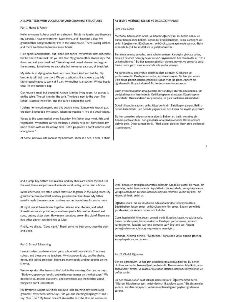 A1 TEXT - With A1 Words and A1 Grammar-EnGLISH and TURKISH | PDF