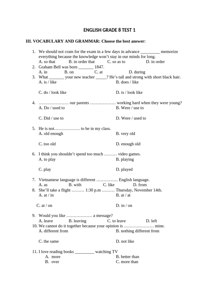 English Grade 8 Test 1 | PDF