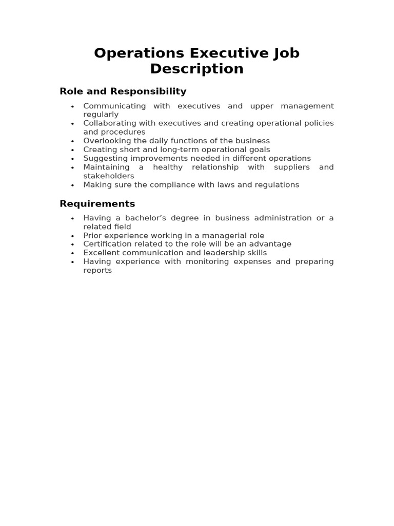 Operations Executive Job Description Sample - 1 | PDF