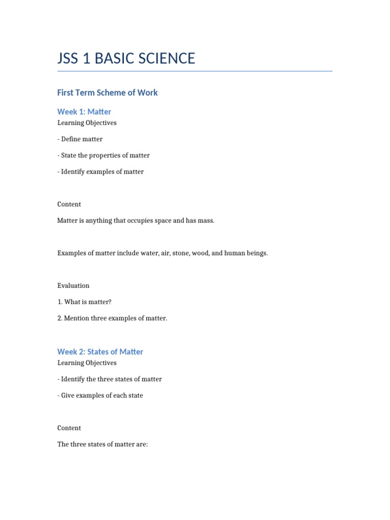 JSS1 Basic Science First Term Scheme of Work | PDF | Liquids | Matter