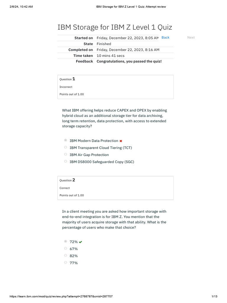 IBM Storage For IBM Z Level 1 Quiz - Attempt Review | PDF | Cloud ...