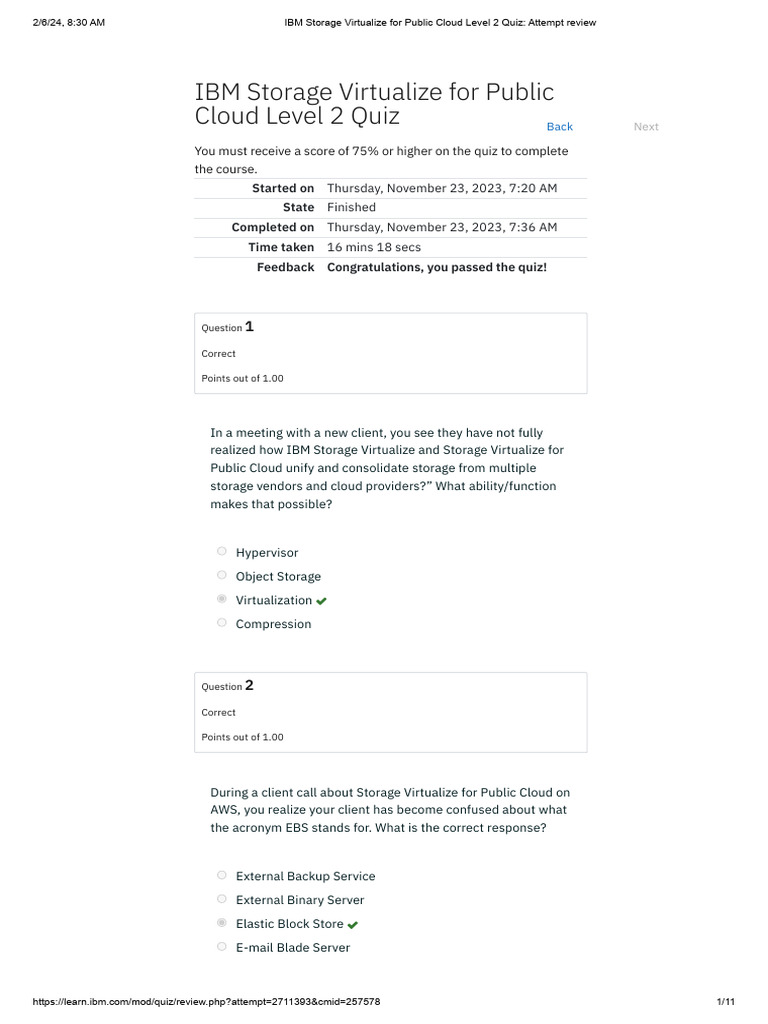 IBM Storage Virtualize For Public Cloud Level 2 Quiz - Attempt Review | PDF